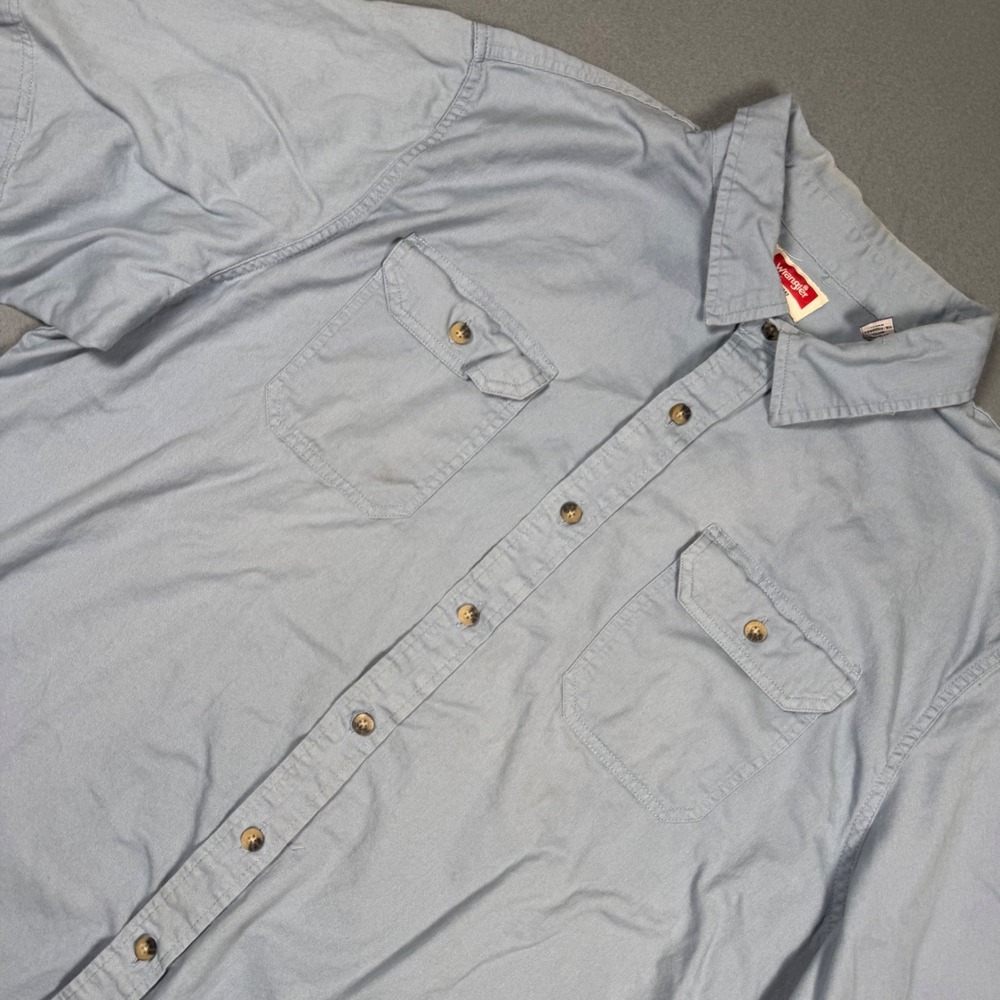Wrangler Button Down Shirt Mens 2XL Blue Short Sleeve Cotton Twill Workwear Top - Picture 3 of 13